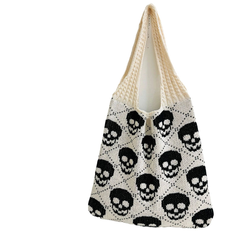 Halloween Women’s Large Polyester Skull Elegant Classic Style Knitting Oval Open Shoulder Bag