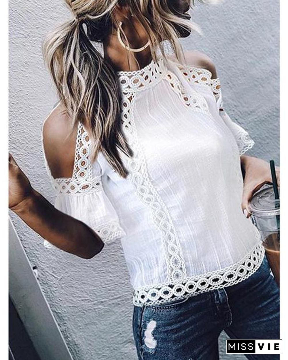 Elegant Bell Sleeve Hollow Out See-Through Tops