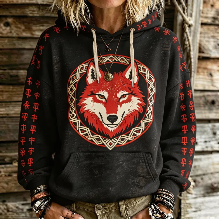 Women's Nordic Viking Wolf Retro Celtic Knot Rune Print Loose Long Sleeve Pullover Hooded Sweatshirt