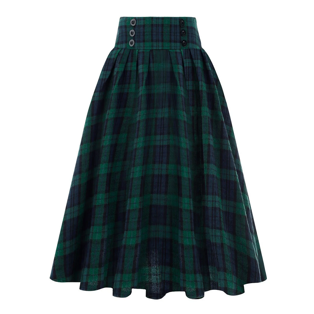 Pleated Women Summer Knee-length Plaid Skirt Preppy Style Skirts Fashion Skirts With Pockets Vintage High Waist Pleated Skirt