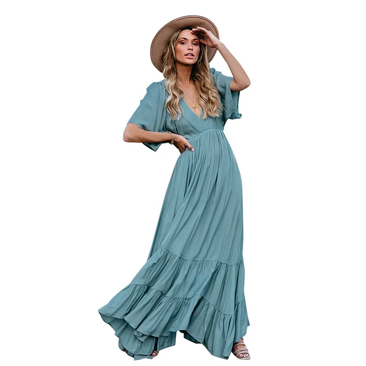 Women Vacation Casual Short Sleeve Maxi Dress