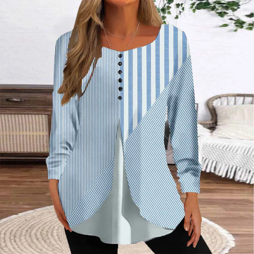 Women Striped,Blue DZGG8301 Long Sleeve Scoop Neck Printed Graphic Button Fake 2in1 Tops