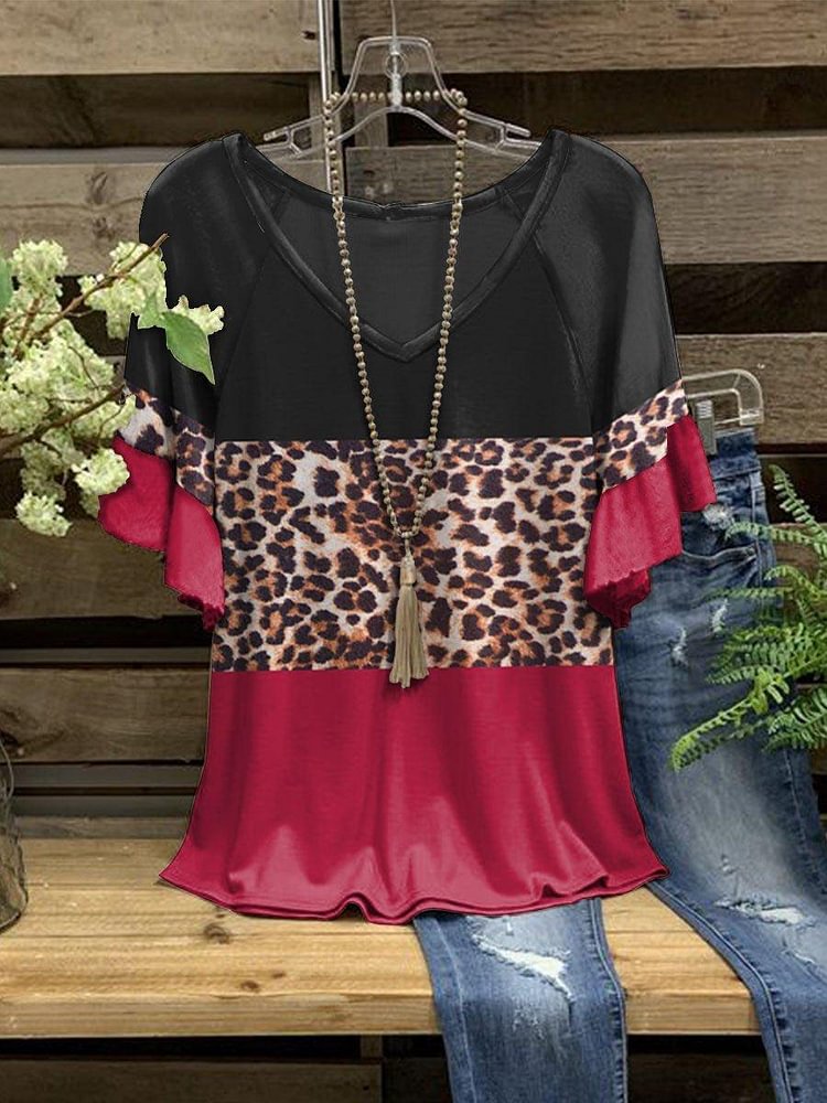 Women's Patchwork Leopard Print Daily Loose Short Sleeve Top