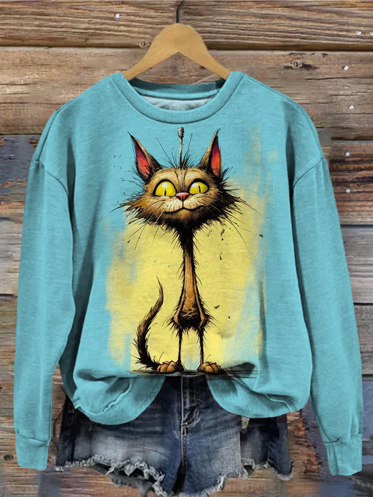 Hübsches Vintage-Sweatshirt mit Katzen-Kontrastgrafikdruck