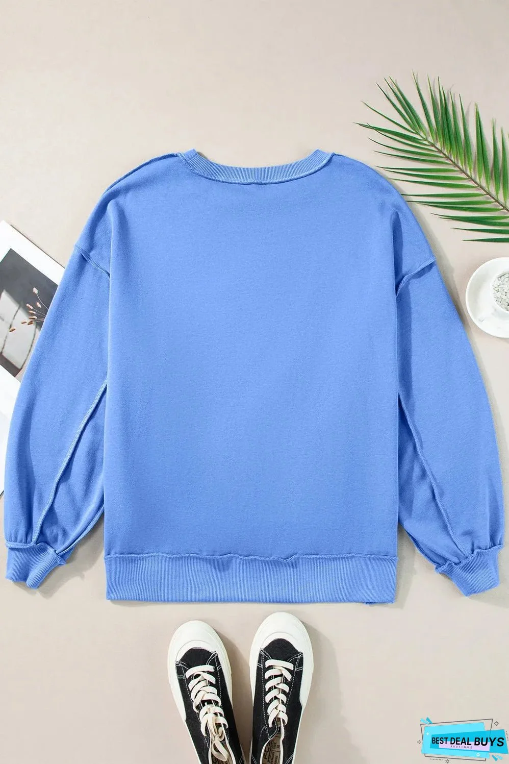 Sky Blue Sequin Trim Embroidered Star USA Pattern Sweatshirt