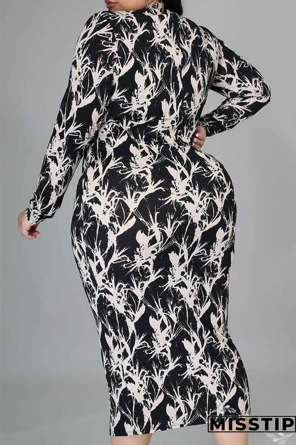 Multicolor Fashion Casual Print Basic O Neck Long Sleeve Plus Size Dresses