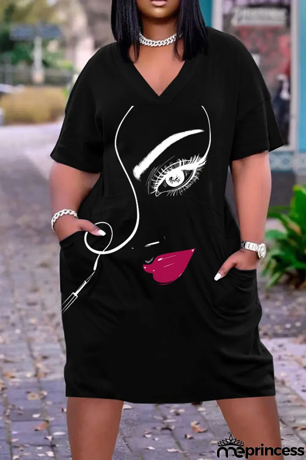 Red Casual Street Print Patchwork V Neck Straight Dresses