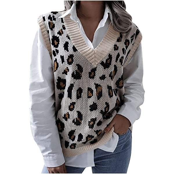 Womens Fashion Knit Sweater Vest, Casual Loose Leopard Print Tank Tops Ladies Comfy Sleeveless V-Neck Pullover