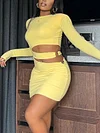 Sexy Solid Color Hollow Long Sleeves Wrap Mini Dress