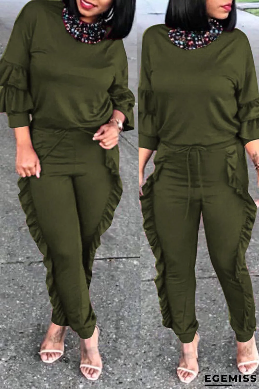 Green Euramerican Flounce Design Blending Two-piece Pants Set | EGEMISS