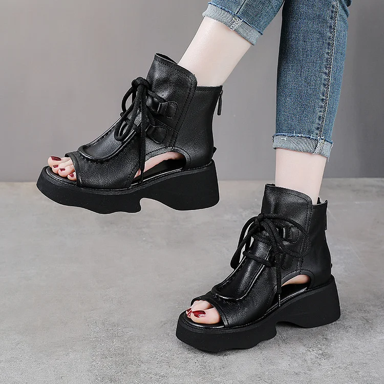 Vintage Leather Thick Bottom Slope Heel Sandals