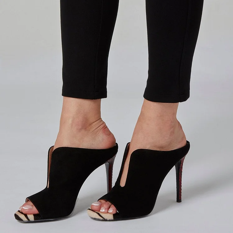 Stylish Black Peep Toe Python Stiletto Heel Women's Mules Shoes |FSJ Shoes