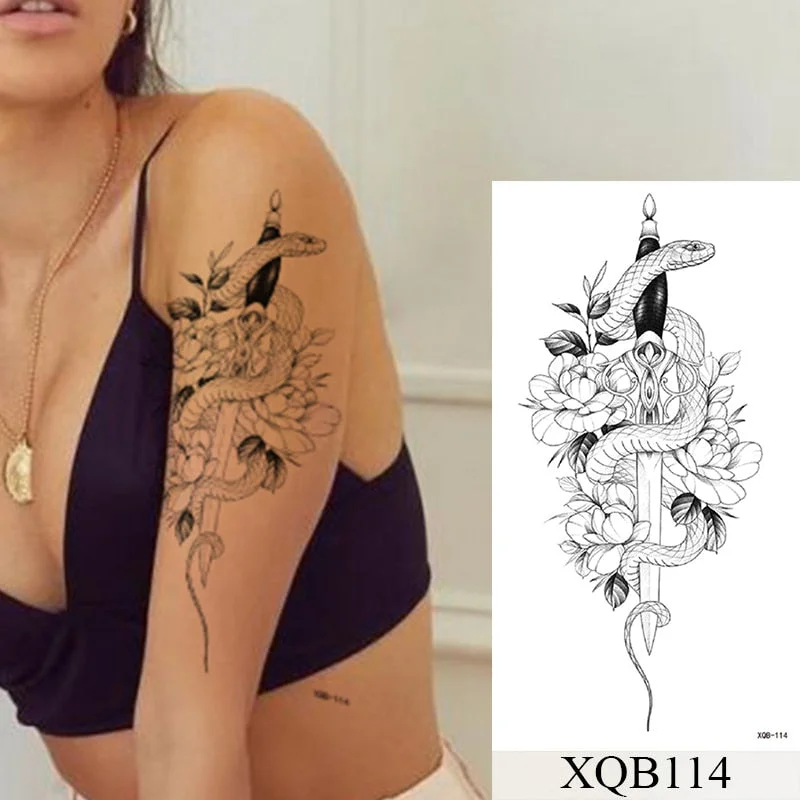 Snake Flower Rose Temporary Tattoo Sticker Flash Waterproof Tattoos Lace Fox Lion Body Art Arm Fake Sleeve Tattoo Women