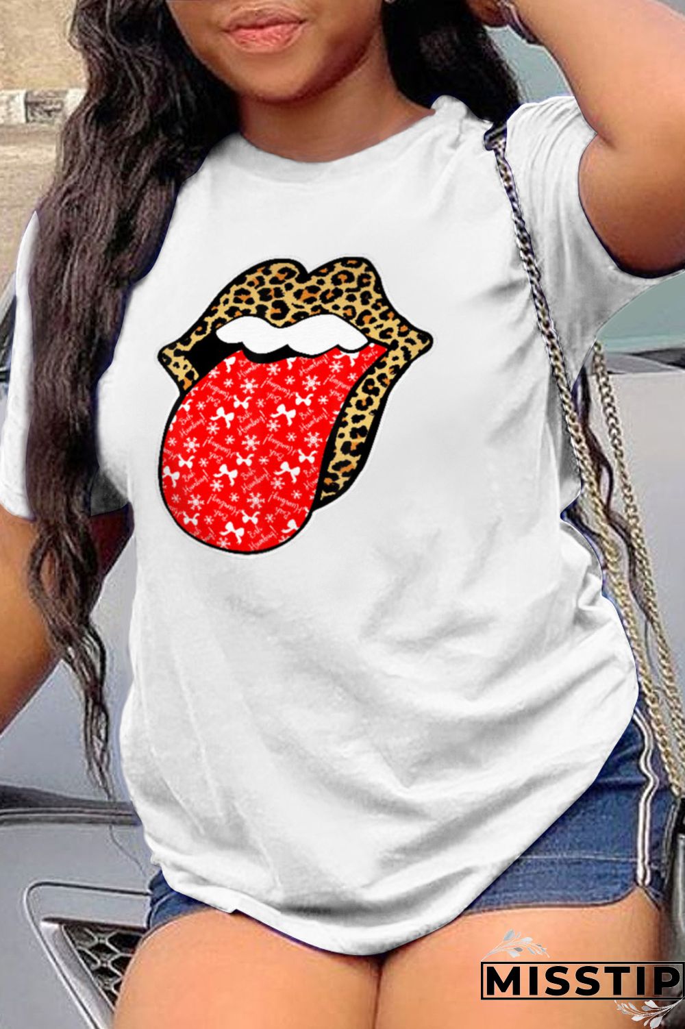 White Casual Street Lips Printed Patchwork O Neck T-Shirts