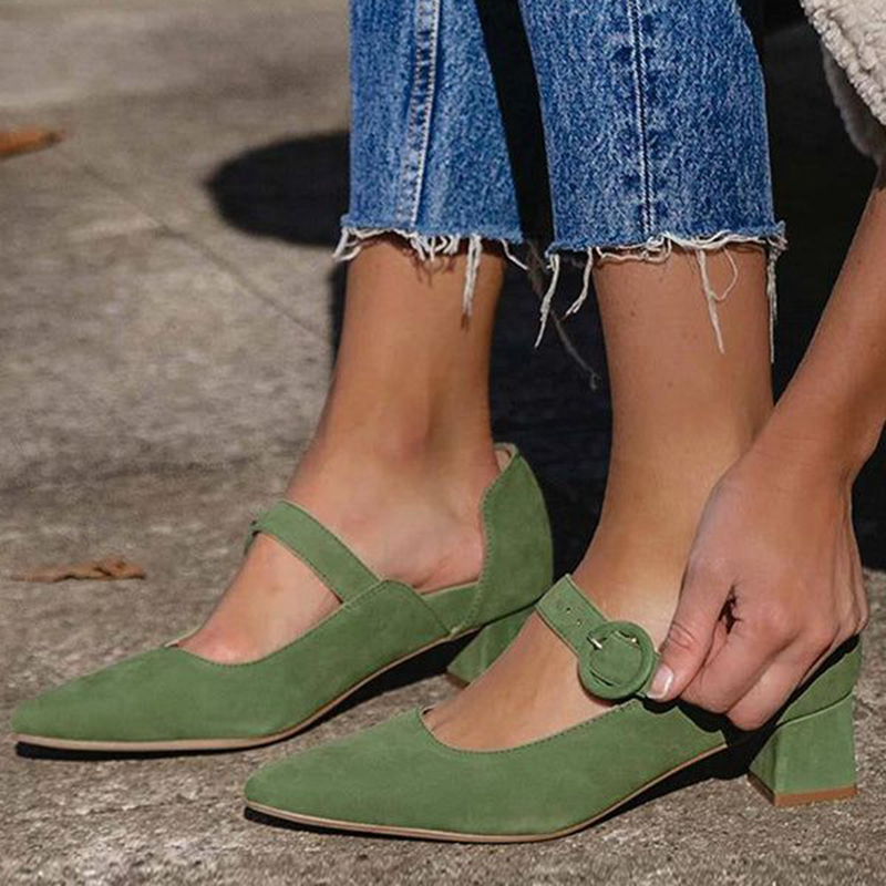 Women's Vegan Suede Block Heel Pointed Toe Mary Jane Shoes in Green