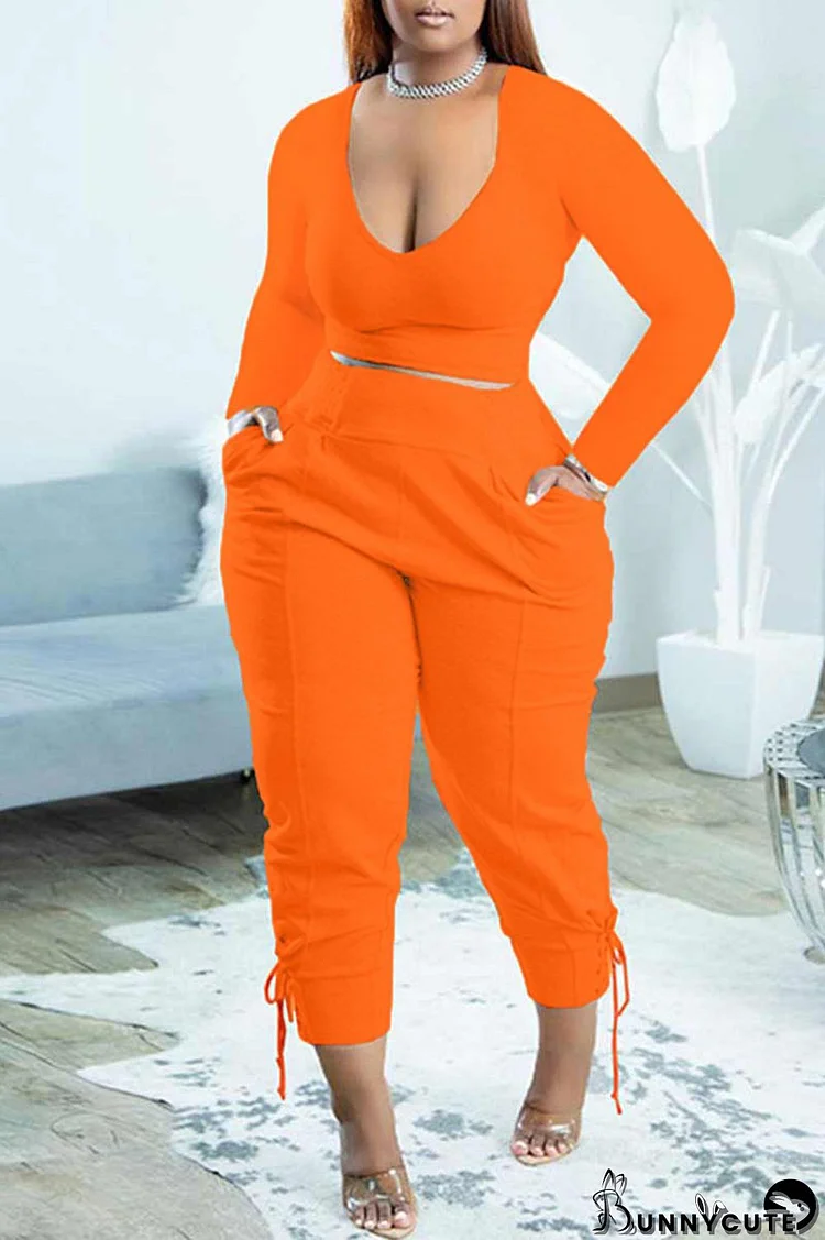 Tangerine Casual Solid Bandage Patchwork V Neck Plus Size Two Pieces