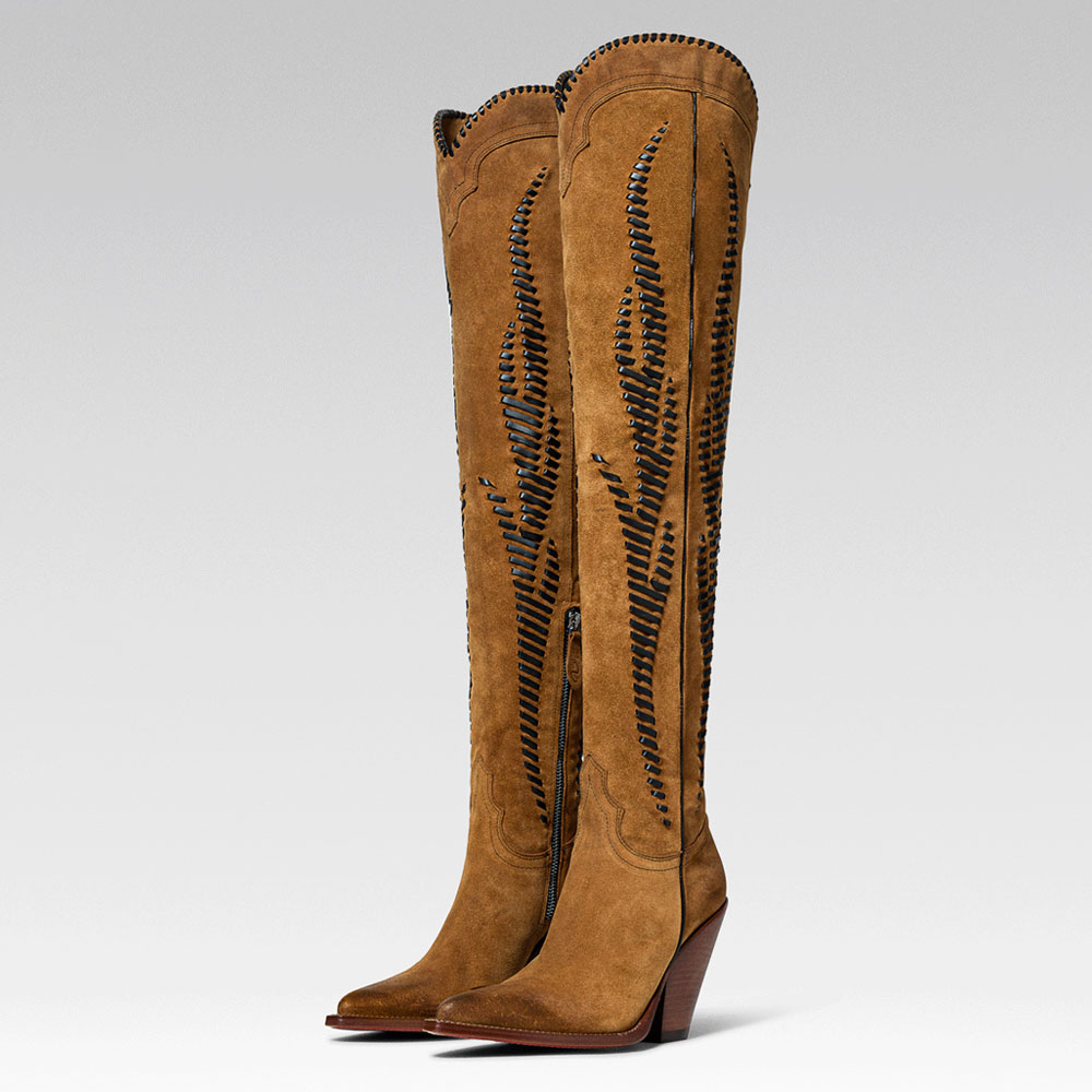 Tan Vegan Suede Pointed Toe Flame Insert Western Thigh-High Boots