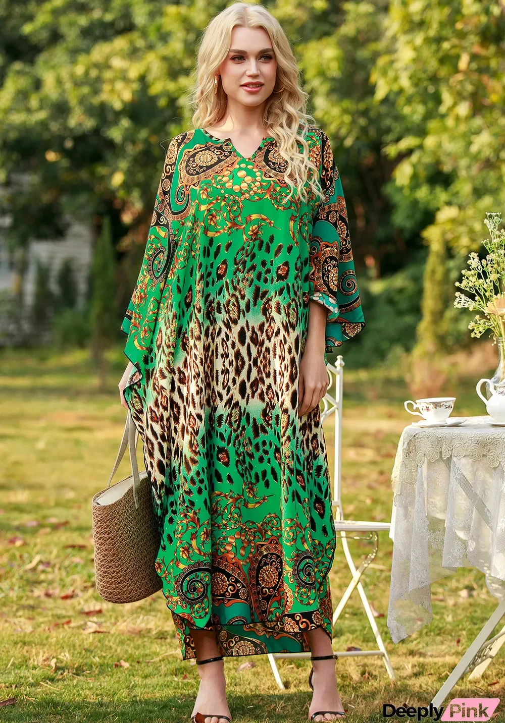 Summer Retro Print Bat Sleeves Boho Dress