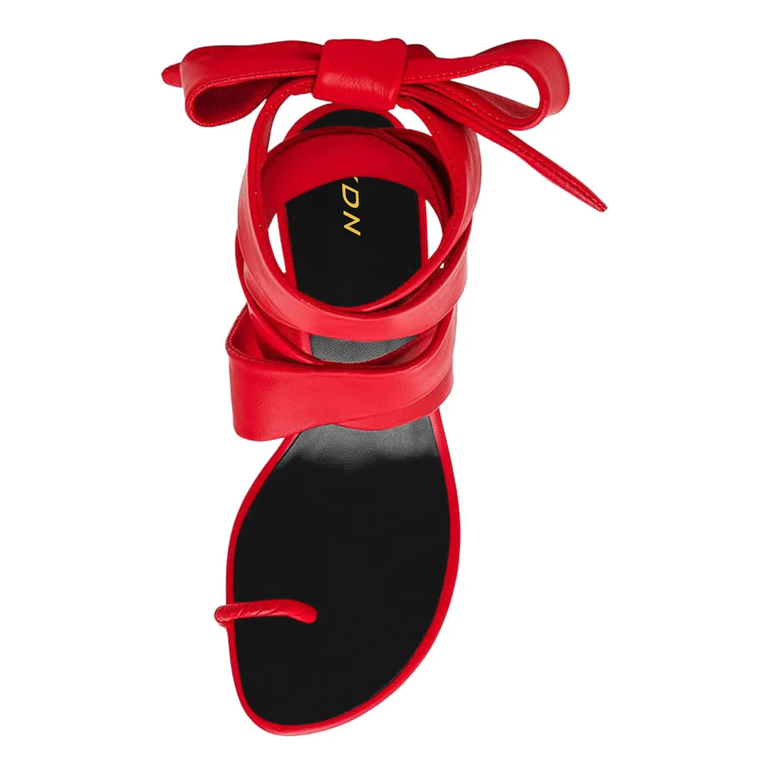 Women's Red Round Toe Mid Flared Heel Strappy Sandals with A Ring