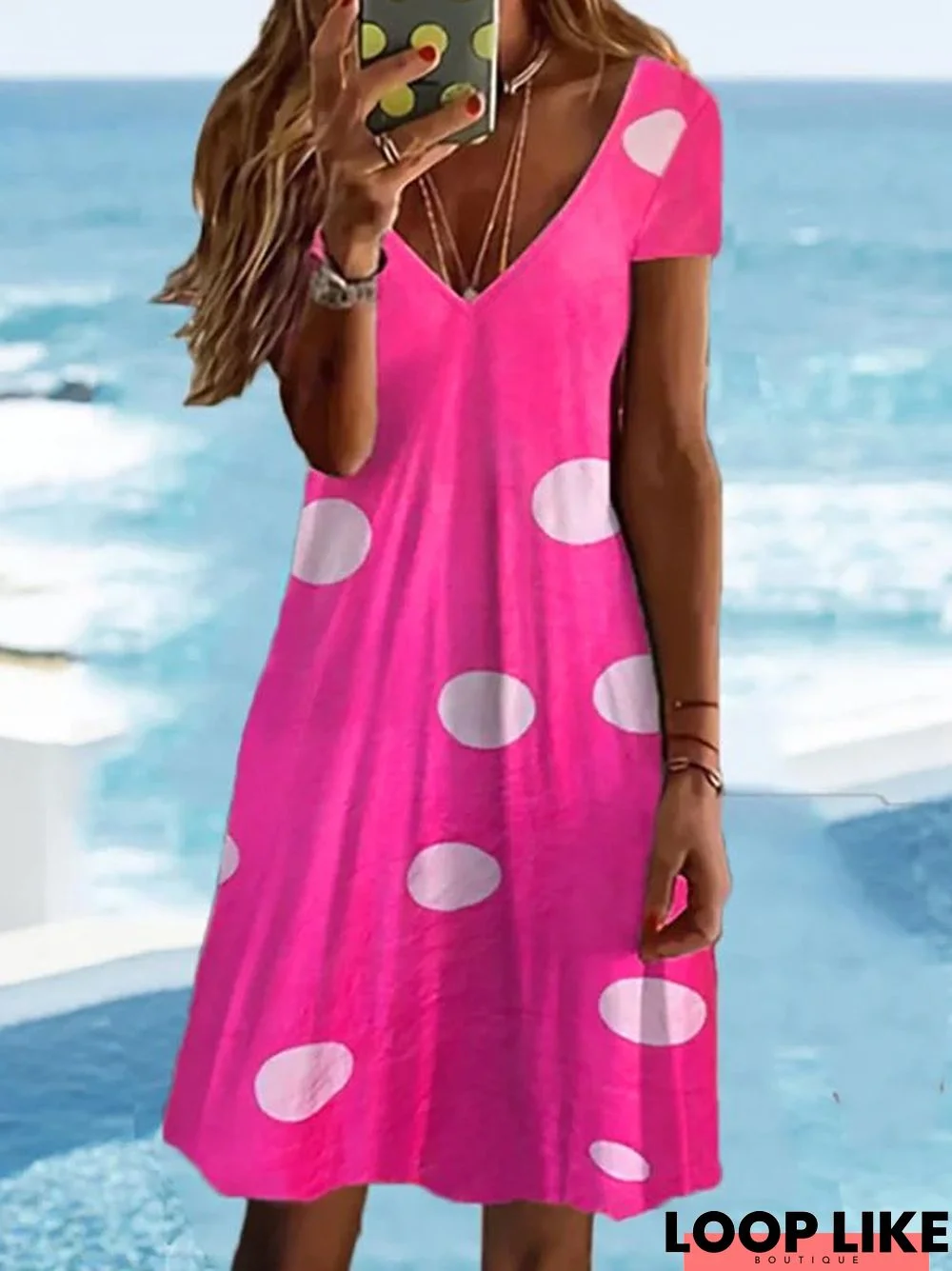 Women's Shift Dress Knee Length Dress Short Sleeve Polka Dot Jersey Print Summer Fall V Neck Casual dress