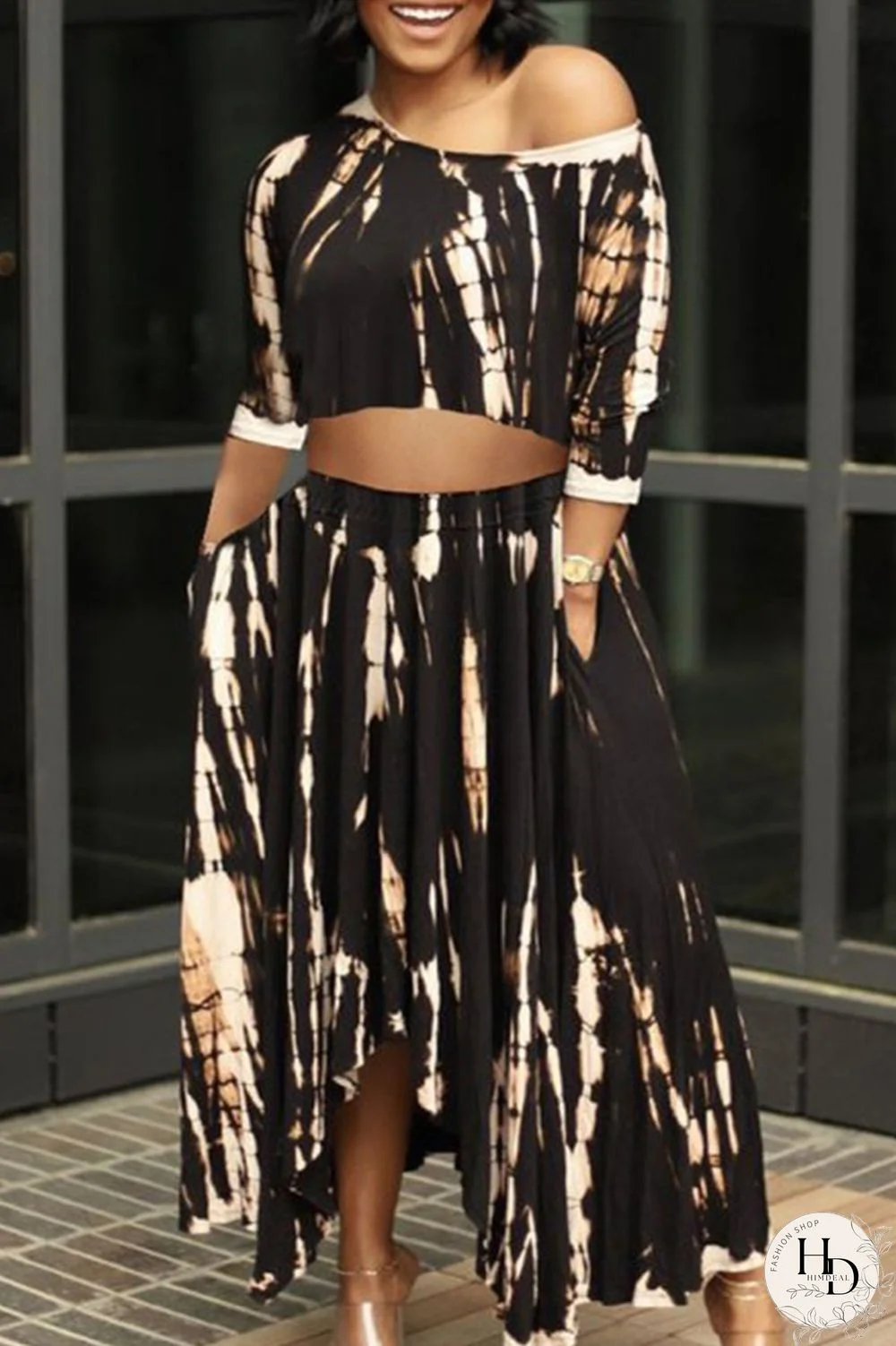 Black Fashion Casual Print Asymmetrical Oblique Collar Plus Size Two Pieces