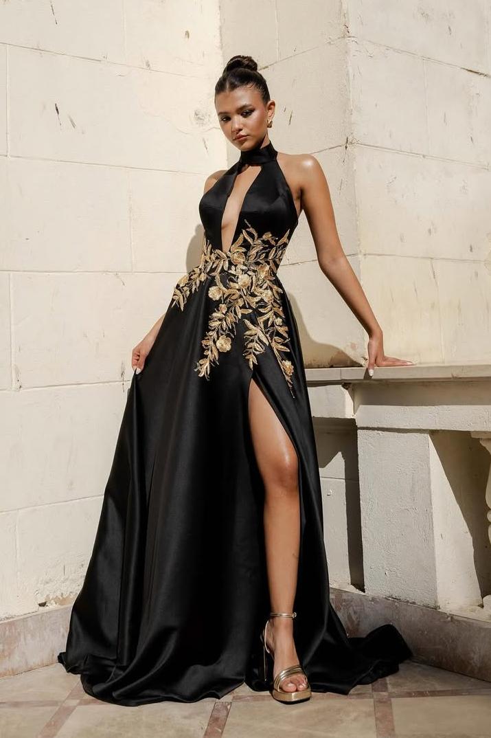 Lvs&Broner Halter Sleeveless Long Prom Dress With High Split Appliques