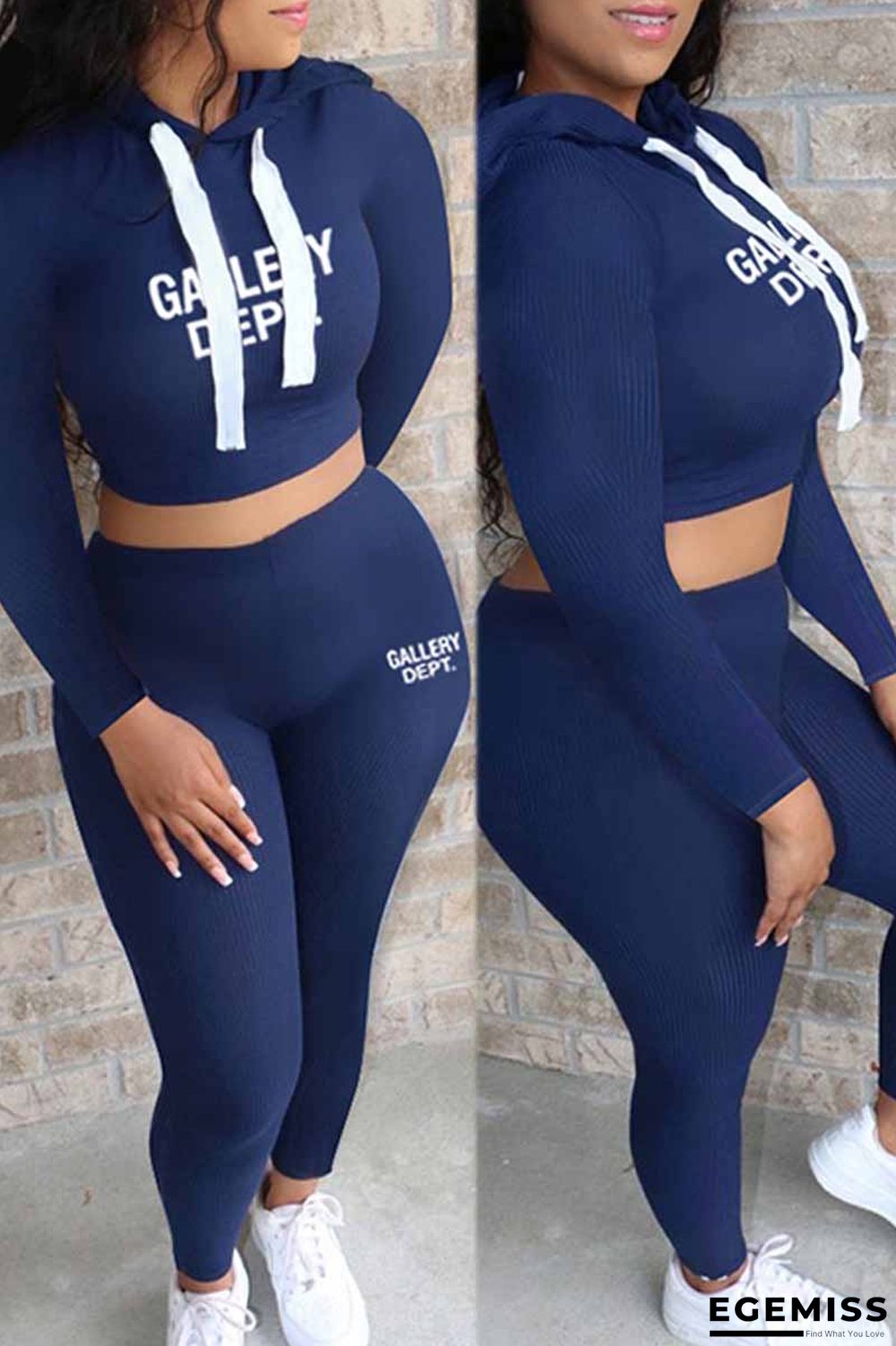 Blue Casual Print Letter Hooded Collar Long Sleeve Two Pieces | EGEMISS