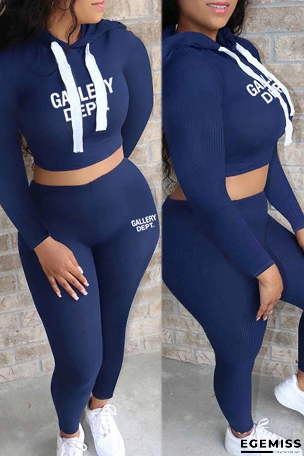 Blue Casual Print Letter Hooded Collar Long Sleeve Two Pieces | EGEMISS