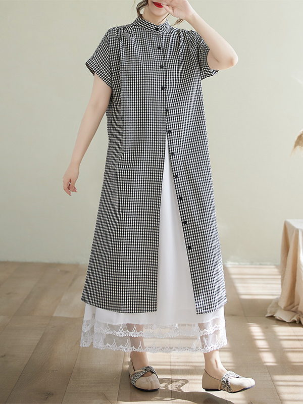 Plaid Pattern Short Sleeve Single Breasted Button Midi Dress