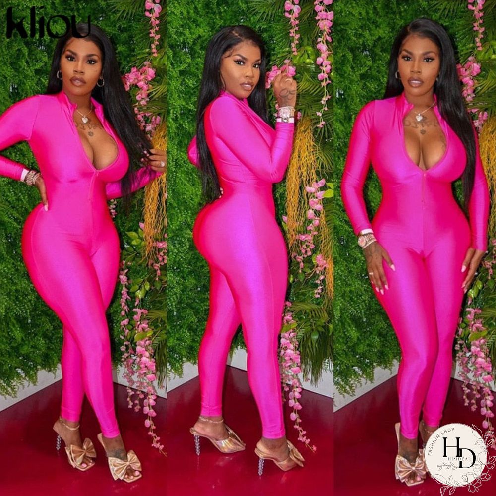 Kliou Zipper Solid Bodycon Womens Jumpsuit New Fashion Streetwear Skinny Long Sleeve One Piece Active Jumpsuits