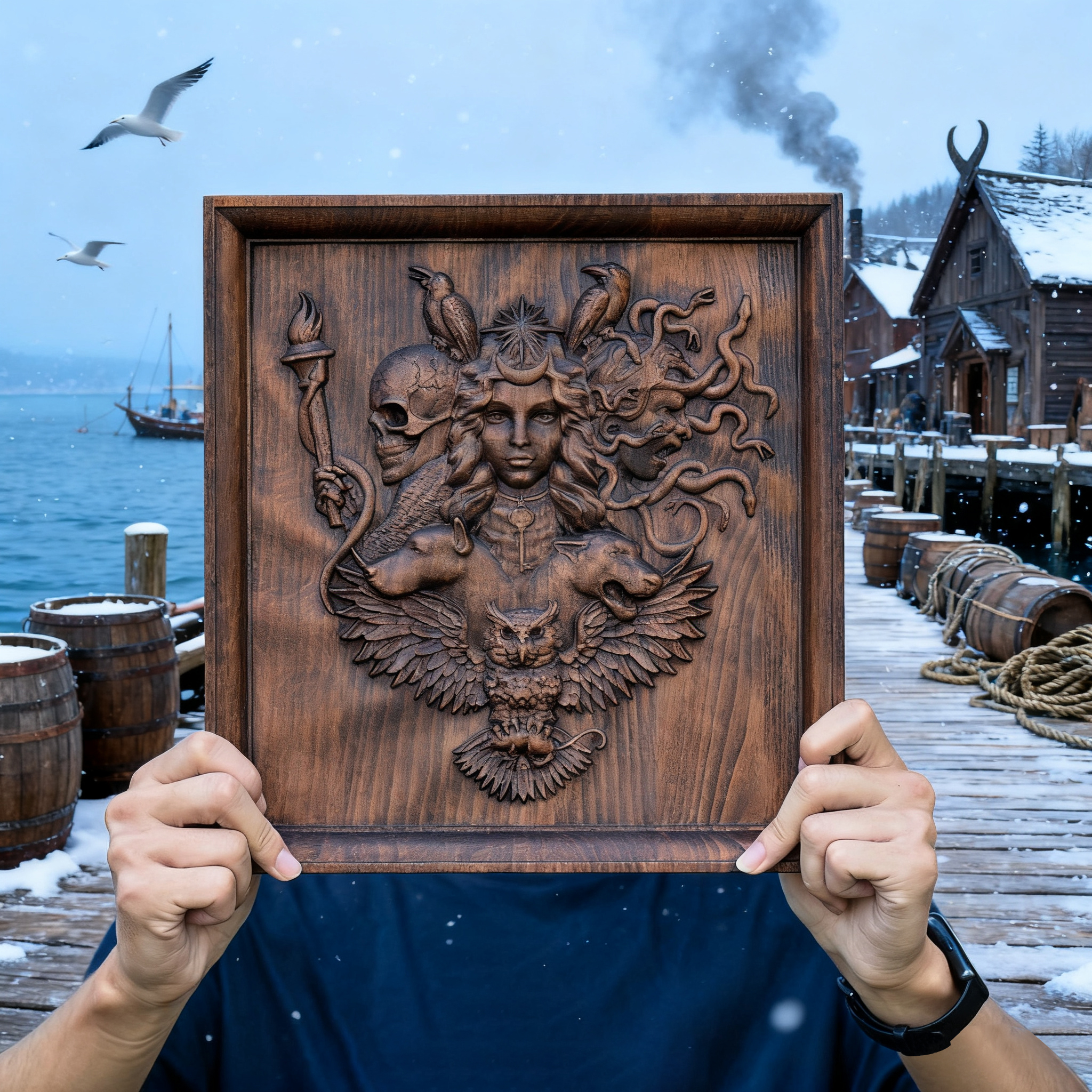 Hand - Carved Hecate Wood Carving: Embrace the Magical Power of the Triple Goddess 