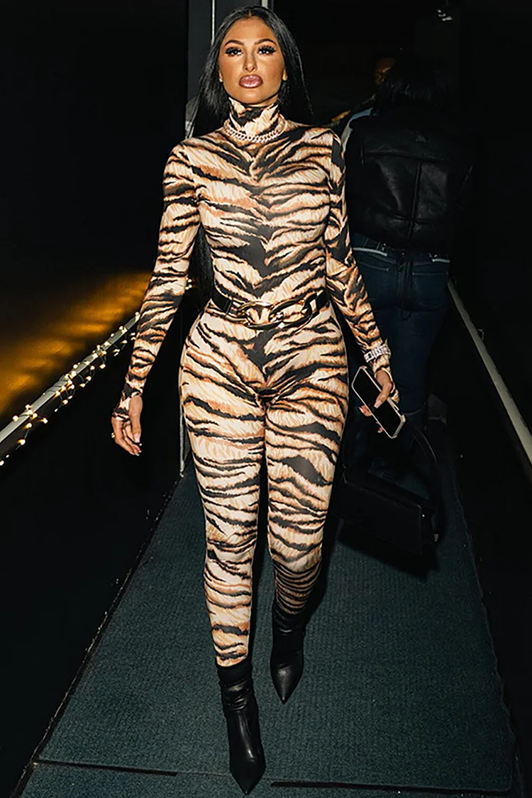 Tiger Print High Collar Long Sleeve Slim Fit Jumpsuit-Beige