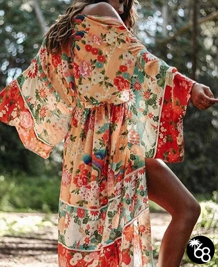 Women's Polyester Long Sleeves Printed Kaftan Beach Cover Up | 168DEAL