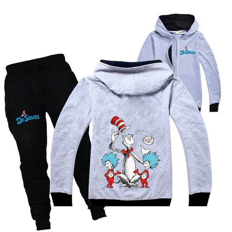 Mayoulove Dr. Seuss Cat Print Girls Boys Cotton Zip Up Hoodie And Sweatpants Set-Mayoulove