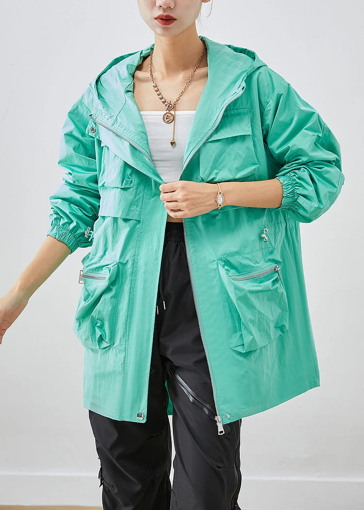 Green Patchwork Spandex Coat Outwear Hooded Pockets Fall