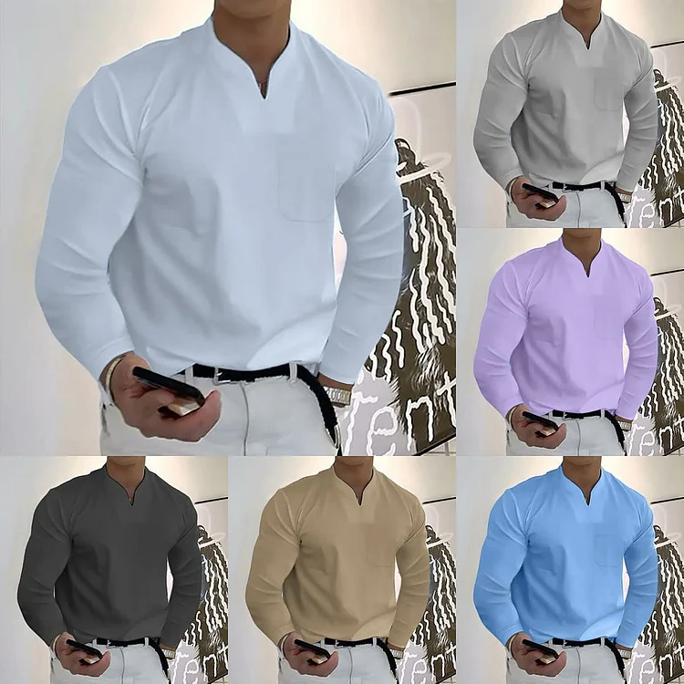 Men's Casual Solid Color Long Sleeve Cotton T-Shirt With Pocket