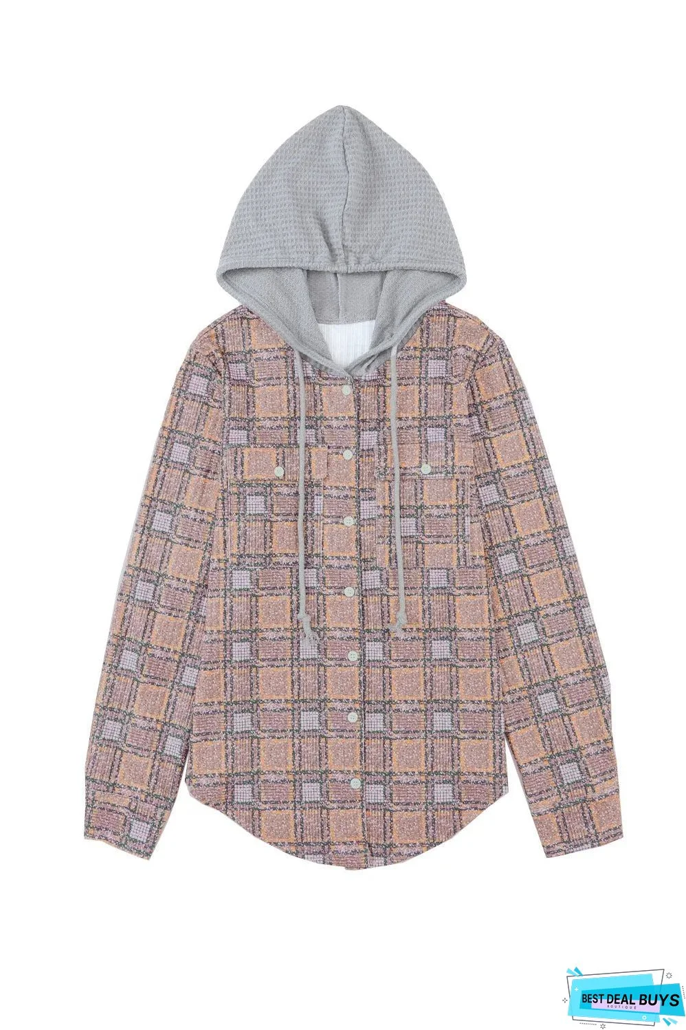 Purple Plaid Contrast Hooded Drawstring Shacket
