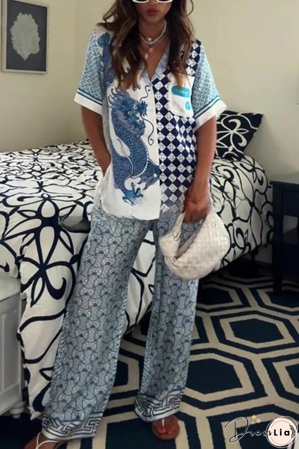 Unique Dragon Print Short Sleeve Loose Shirt and Elastic Waist Pocket Pants Set