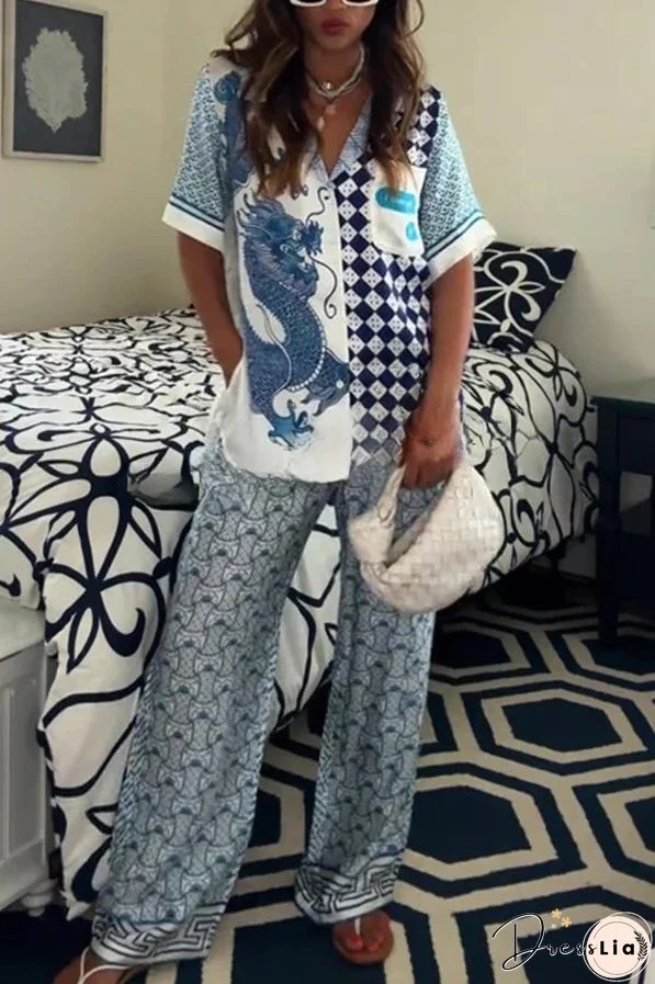 Unique Dragon Print Short Sleeve Loose Shirt and Elastic Waist Pocket Pants Set