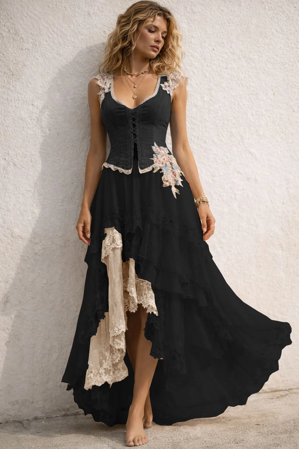 Women's Denim And Lace Layered Maxi Dress With Corset Back And Floral