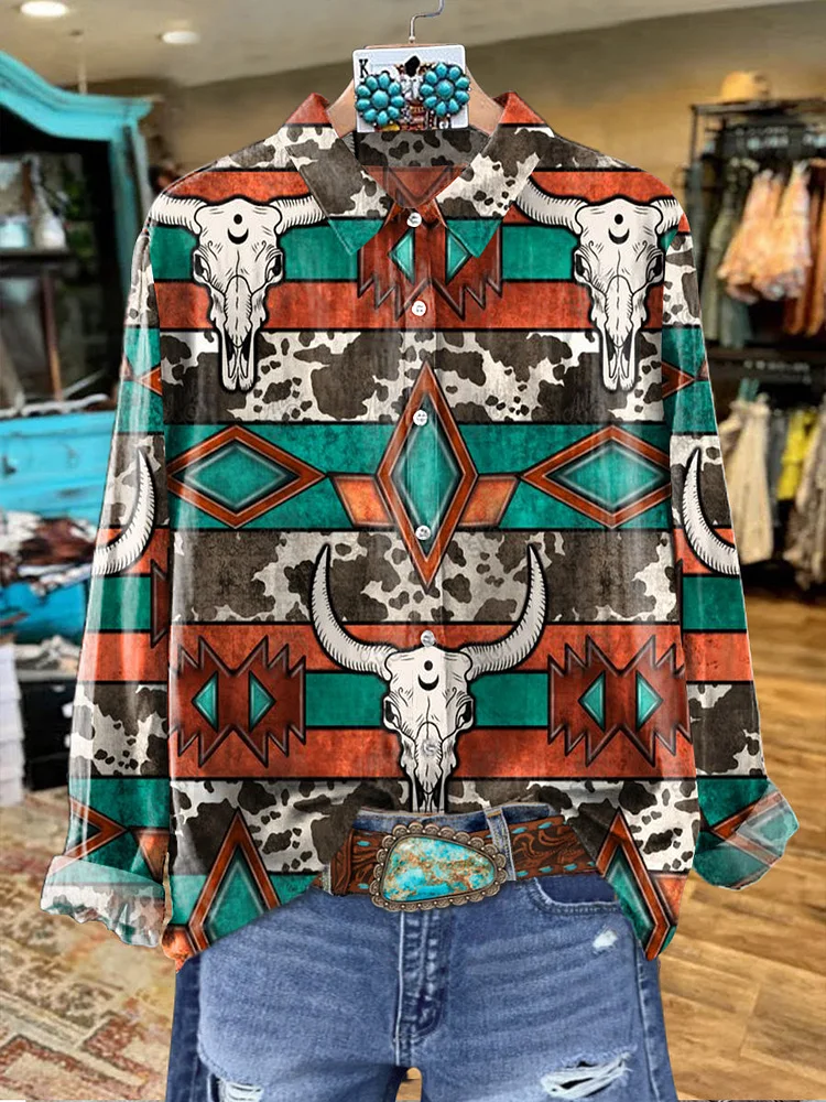 Bull Head Geometric Art Graffiti Women's Print Casual Cotton Shirt