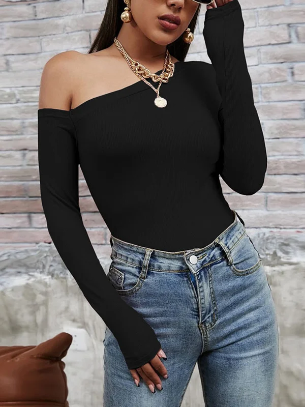 Long Sleeves Skinny Solid Color One-Shoulder T-Shirts Tops