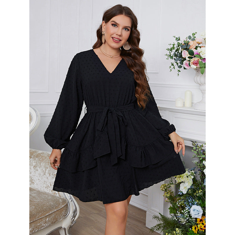 Elegant V neck Lantern Sleeve Plus Size Dress