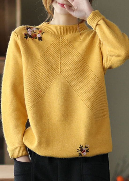 Casual Yellow Embroideried Floral Knit Sweater Winter CK838- Fabulory