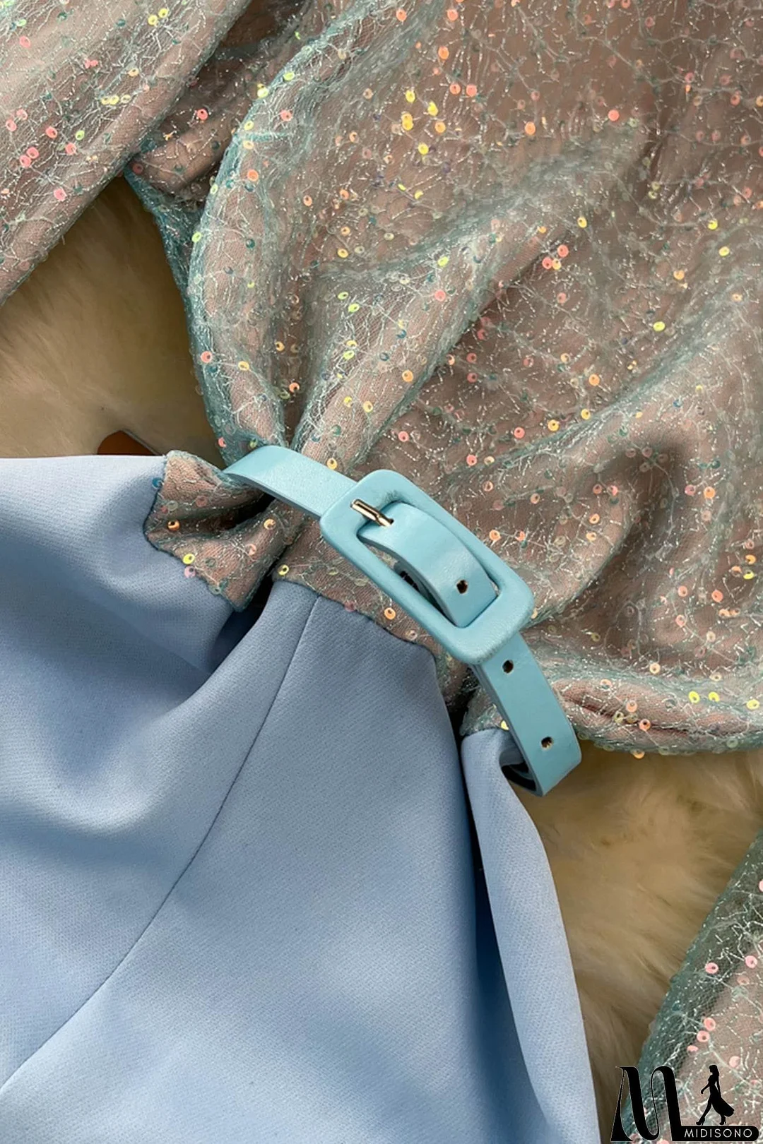 MidiSono - Fuzzy Sleeves Glitter Patchwork Jumpsuits