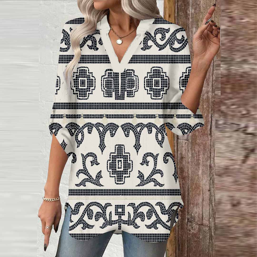Women Bohemian, Black, White DZGA0148 3/4 Sleeve V-neck Printed Graphic Button Tops