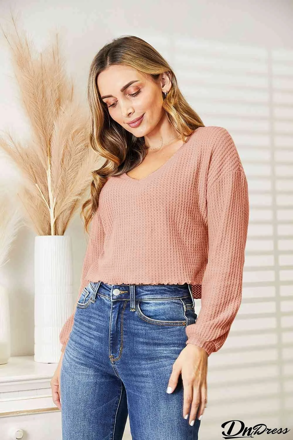 Full Size Waffle-Knit V-Neck Blouse