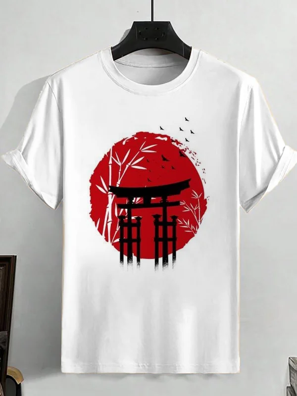 Men's Japan Torii Gate Bamboo Ink Art Print Cotton Casual T-Shirt
