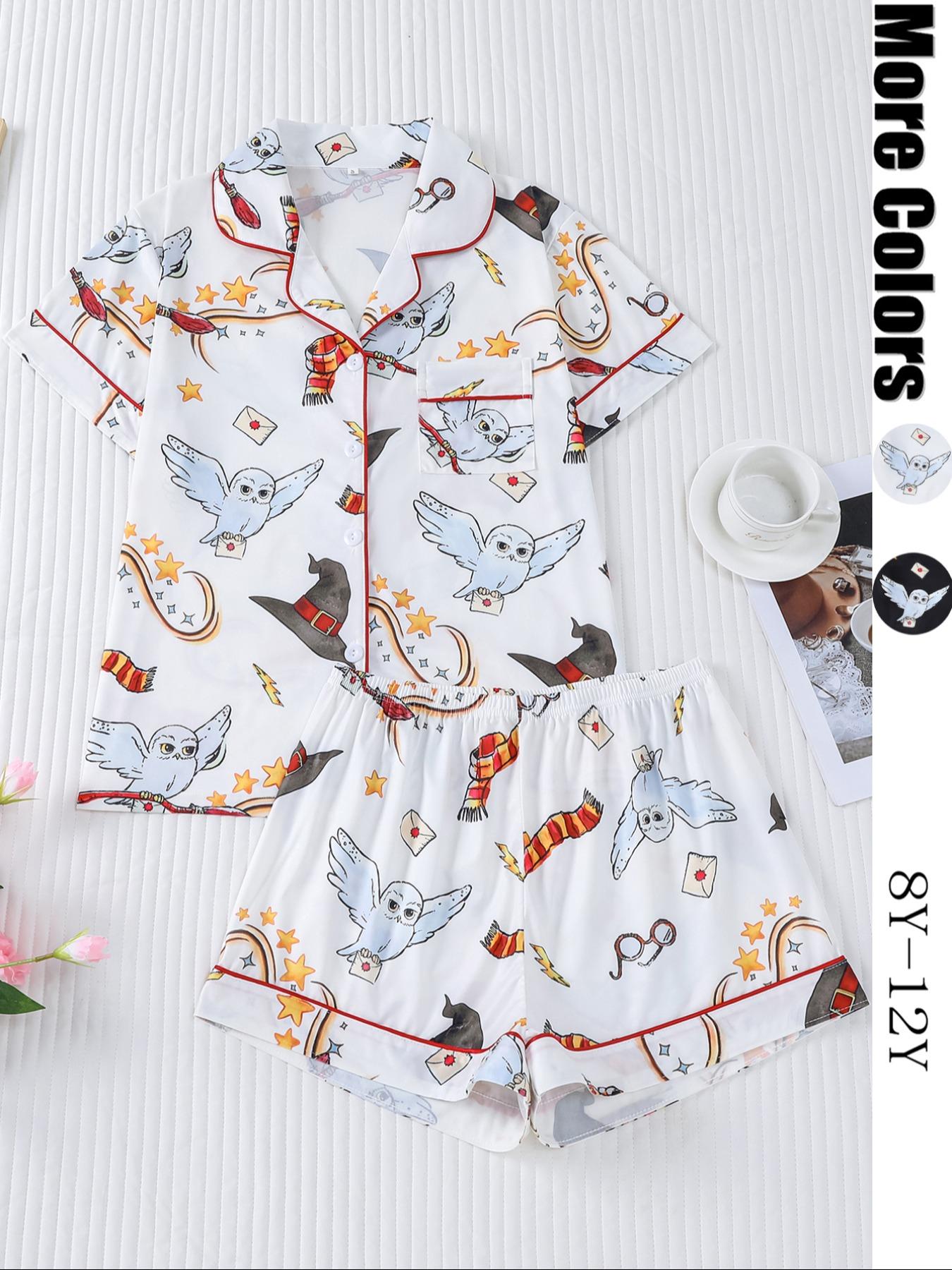 Women's Owl Print Short Sleeve Top & Elastic Waist Shorts Pyjama, Casual Comfy T-shirt & Shorts PJ Set, Ladies Sleepwear for Summer, Loungewear, Pajama Set, Pajamas Set