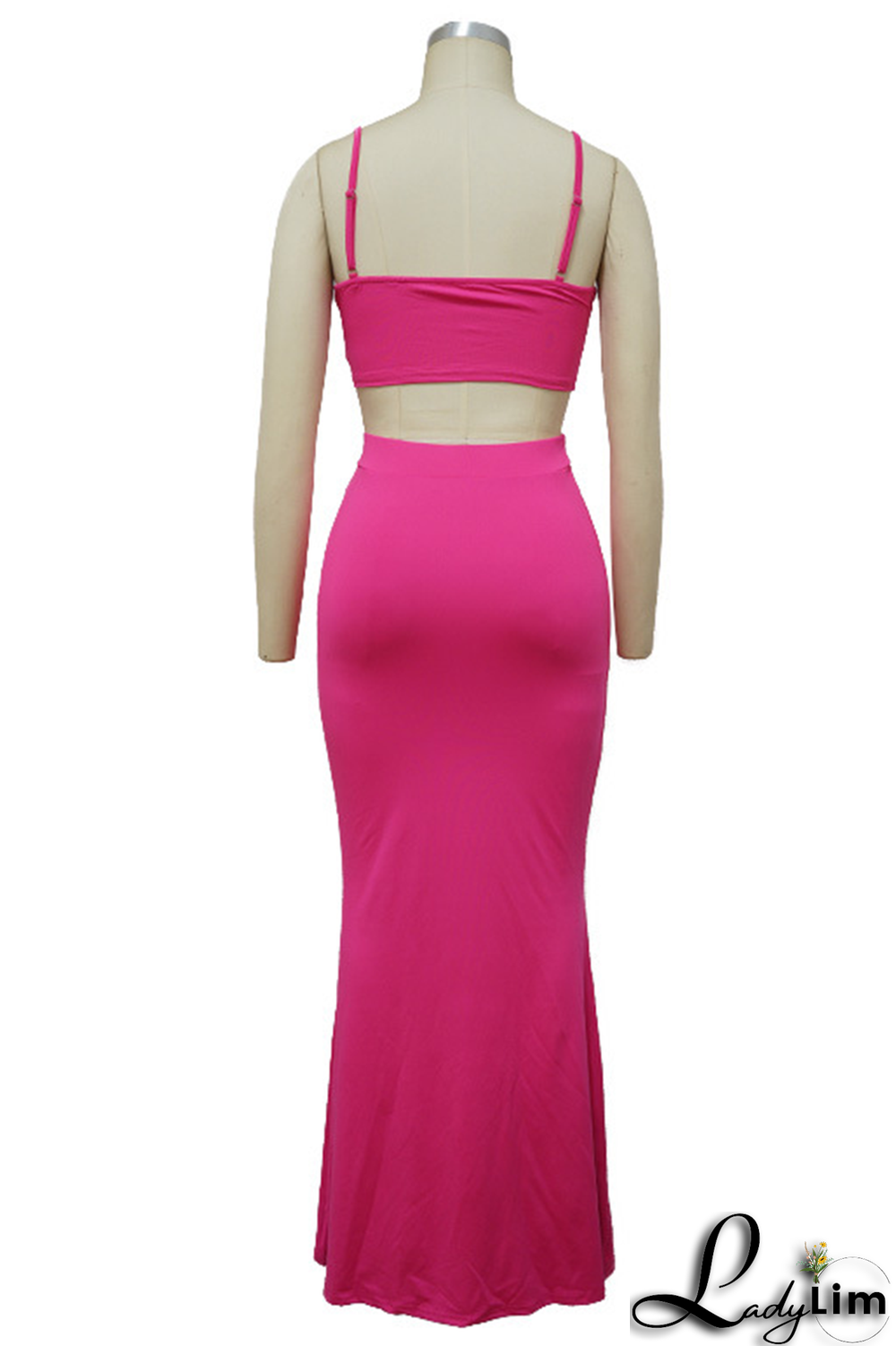 Tangerine Red Sexy Solid Split Joint Spaghetti Strap Sleeveless Two Pieces